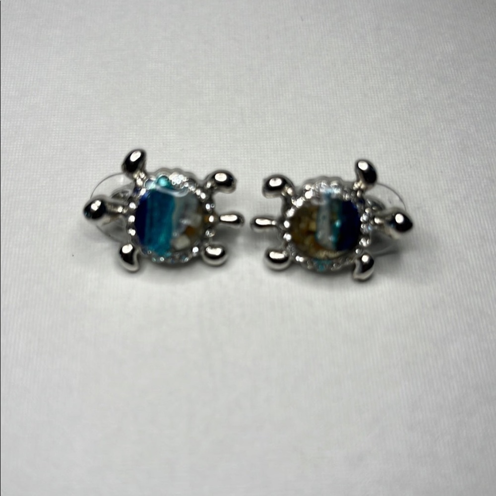 Sea Turtle Turquoise and Opalescent Stud Earrings with CZ Border